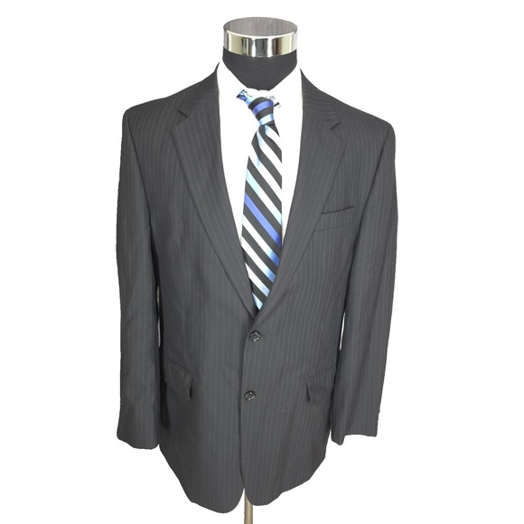 Jos A Bank 2‎ Piece Suit Mens 42L Blue Pinstripe Wool Pants 34x30 Cuffed Pleated